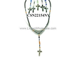 Assorted Color Cat's Eye Opal Beads Hematite Cross Pendant Rosary Necklace Jewelry